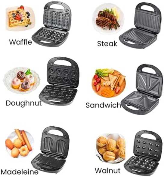 6 In 1 Waffle Maker Mini Pancake Maker Crepe Maker With 6 Removable Non-Stick Plates For Making Burgers Sandwiches Grilled Cheese Doughnuts