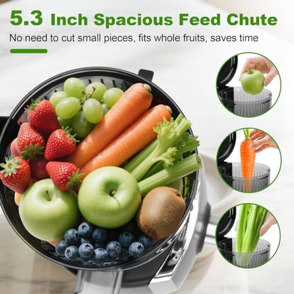Cold Press Juicer Slow Masticating Juicer Machines With 5.3" Extra Large Feed Chute Fit Whole Fruits & Vegetables Slow Juicer Machine 300W Easy To Clean Self Feeding High Juice Yield Black