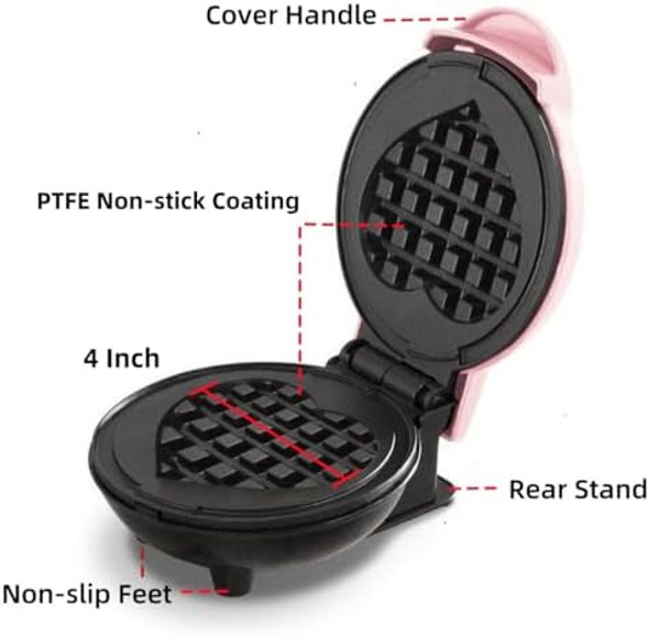 Mini Waffle Maker 4 Inch Plate Waffle Iron For Hash Browns Keto Chaffles Snacks Sandwich Compact Design Non-Stick Surface Easy To Clean Heart Pink