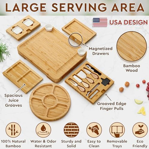 Charcuterie Boards Premium Set - 23 Pieces Bamboo - Large Cheese Board Plus Fruit Tray For Thanksgiving Party Christmas Present Birthday W/ Utensil Drawer Knives Forks Wine Opener & More