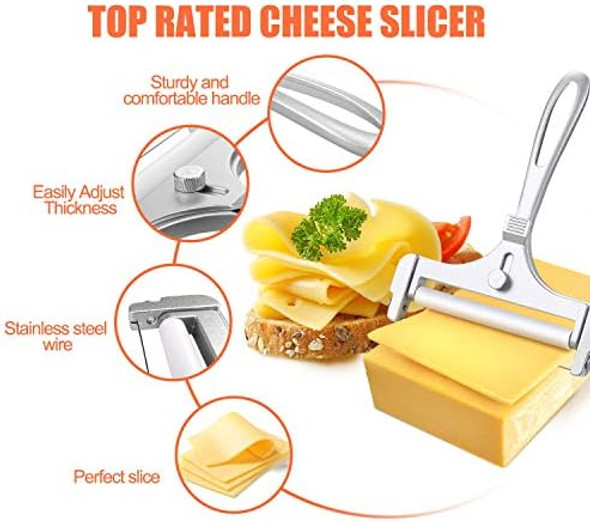 2 Pieces Stainless Steel Wire Cheese Slicer with Cheese Plane Tool Adjustable Thickness Cheese Cutter for Soft Semi-Hard Hard Cheeses Kitchen Cooking Tool Grey