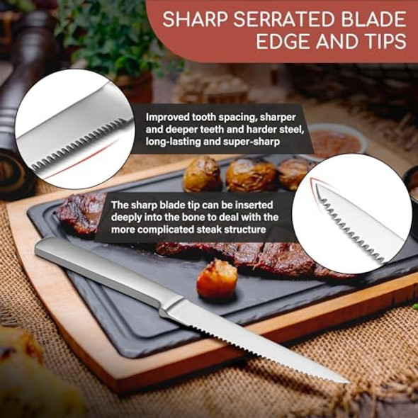 Serrated Steak Knives Set Of 8 4.72 Inches High Carbon Stainless Steel Steak Knives Matte Silver Brushed Surface One Piece Design Durable Home Modern Elegant Sharp Kitchen Knife Set