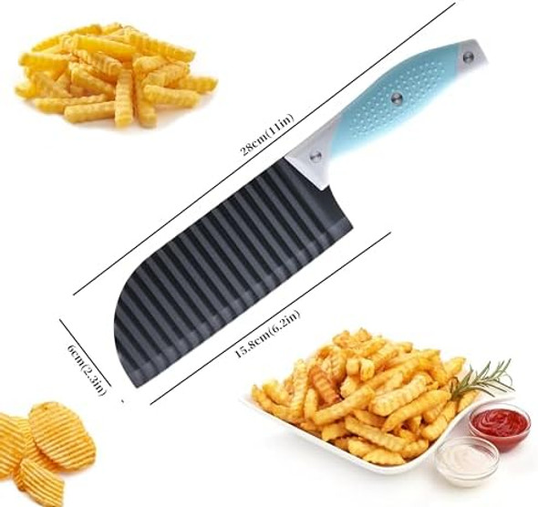Lccowot 2Pcs Crinkle Cut Knife Crinkle Cutter For Veggies Potato French Fry Cucumber Carrot And Fruit Stainless Steel Wave Fries Cutter Slicer With Rubber Handle Dishwasher Safe (Orange+Blue)