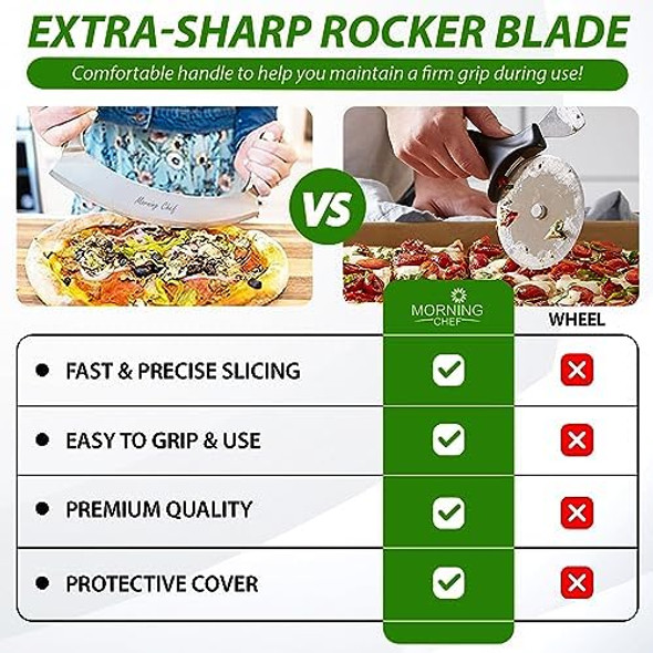 12" Stainless Steel Mezzaluna Knife Pizza Cutter Chopper Dicer Mincer Curved Blade With Steel Handles Mezzaluna Sheath Pizza Cutter Rocker Rocker Knife Veggie Cutter