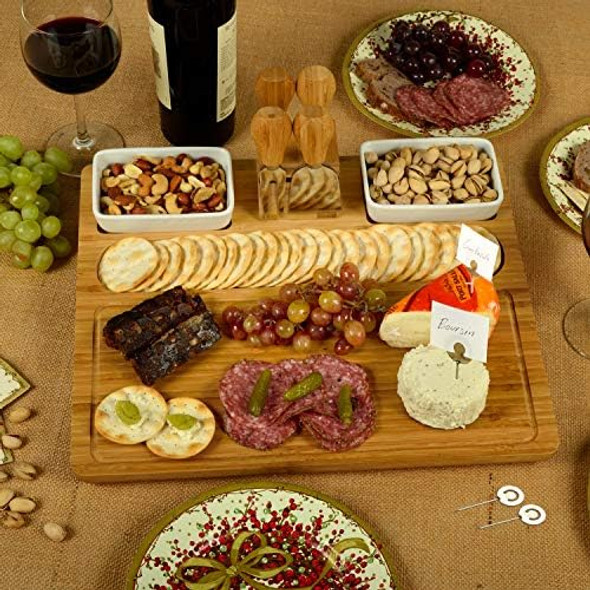 Picnic At Ascot Large Bamboo Cheese Board/Charcuterie Platter With 4 Stainless Steel Tools 2 Ceramic Trays & Cheese Markers -16" X 13"- Designed & Quality Checked In Usa