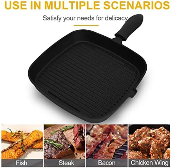 Square Cast Iron Grill Pan With Silicone Handles+Pan Scraper Tool Stove Top Grill Pan Perfect For Meats Steak Fish And Vegetables 10 Inch Steak Pan -Black