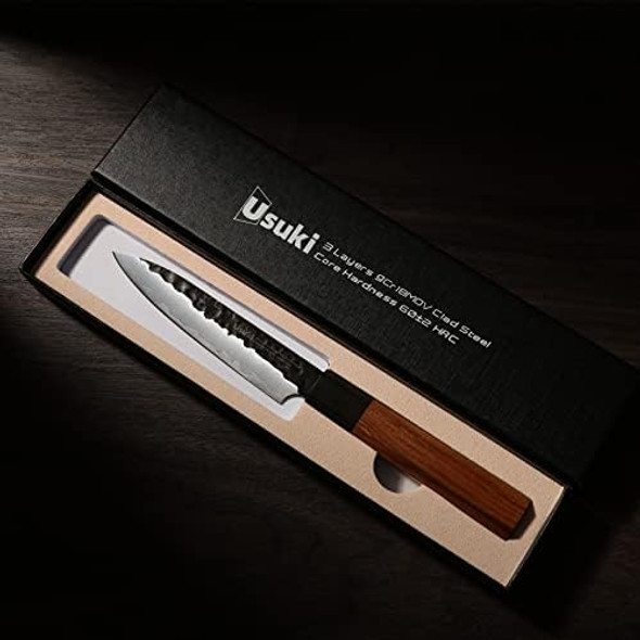 Petty 5 Inch Kitchen Utility Knife Forged From 9Cr18Mov Clad Steel Sharp Cutting Knife For Vegetable And Meat Wooden Handle - Box