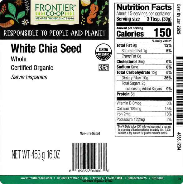 Frontier Bulk Chia Seed  White Whole  Organic 1 Pound
