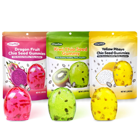 Chia Seed Fruit Flavor Gummy Candy Variety Pack Individual Packs Gummy Candy for Goody Bags 4D Gummies Candy Resealable 2.29oz Bag Dragon Fruit Kiwi Fruit Yellow Pitaya