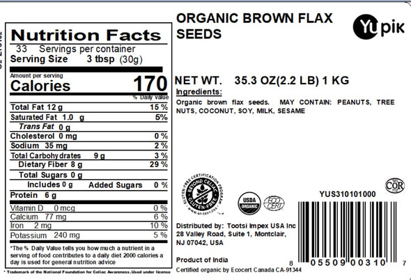 Yupik Organic Brown Flax Seeds, 2.2 lb (35.2 oz), Gluten-Free, Non-GMO, Kosher, Vegan, Raw Seeds, Rich in Omega-3, Excellent Source of Fiber  Plant-Based Protein  Ideal for Baking and Topping