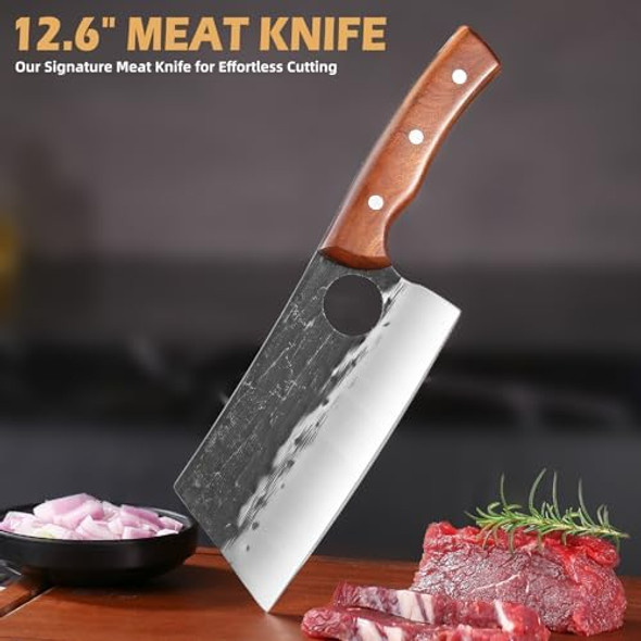Ace Knife Chef Knife Set 3 Pcs Japanese Kitchen Butcher Knife Set Serbian Chef Knives Meat Cleaver Viking Boning Knives Professional Hand Forged Steel For Home Outdoor Cooking Camping Bbq