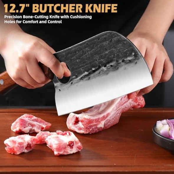 Ace Knife Chef Knife Set 3 Pcs Japanese Kitchen Butcher Knife Set Serbian Chef Knives Meat Cleaver Viking Boning Knives Professional Hand Forged Steel For Home Outdoor Cooking Camping Bbq