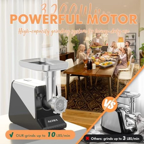 #8 Meat Grinder [3200W Max] Electric Heavy Duty Sausage Stuff With 2 Stainless Steel Blades And 3 Grinding Plates Sausage Tube & Kibbe Kit For Commercial & Home Use