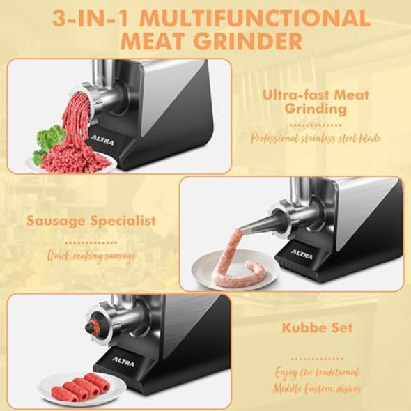#8 Meat Grinder [3200W Max] Electric Heavy Duty Sausage Stuff With 2 Stainless Steel Blades And 3 Grinding Plates Sausage Tube & Kibbe Kit For Commercial & Home Use