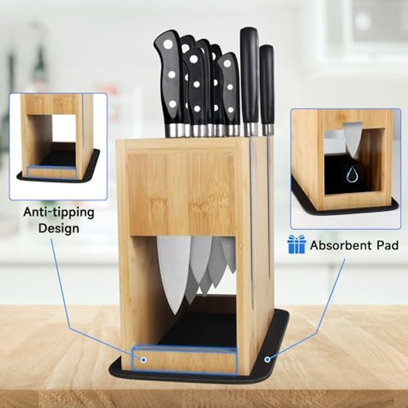 Double-Sided Magnetic Knife Holder Rack - Bamboo Wood Storage Stand With Absorbent Protection Pad Can Hold Up To 26 Knives.
