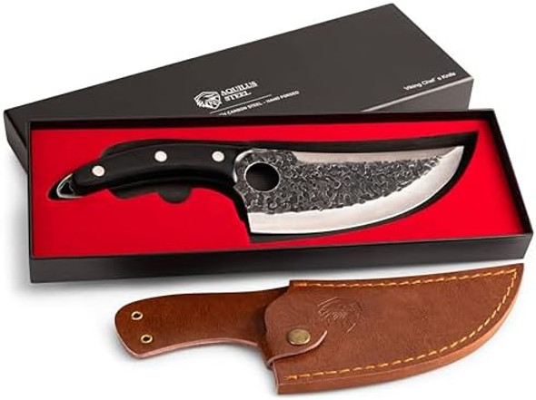 Viking Butcher Knife – Hand-Forged Japanese Steel Ultra-Sharp Blade – Includes Leather Sheath & Box – Ideal For Kitchen Bbq & Outdoor Cooking
