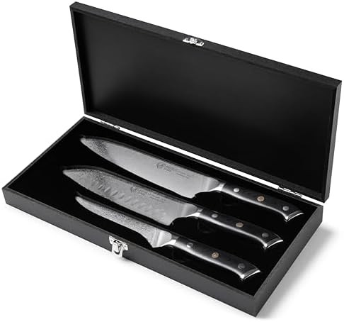 Set Of Three Premium Japanese-Style Chef Knives – Ultra-Sharp Vg10 Steel Core 67 Layers Of Damascus Steel Ergonomic Handles In An Elegant Natural Wood Box.