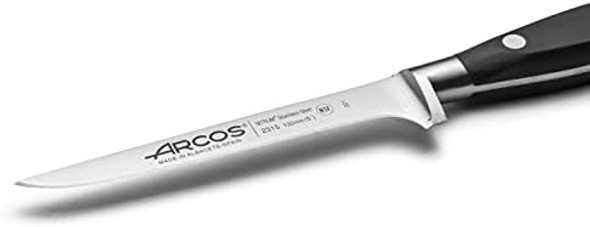 Arcos Boning Knife 5 Inch Nitrum Stainless Steel and 130 mm blade. Professional Butcher Knife to Slice Bones from Meat. Ergonomic Polypropylene Handle. Series Rivera. Color Black.