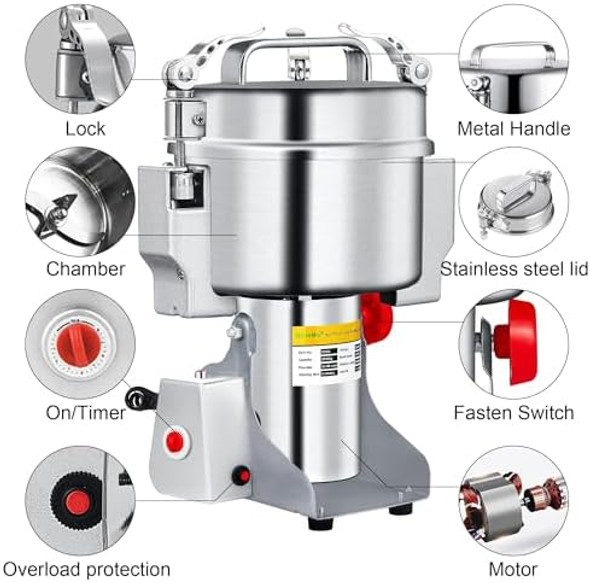 Biolomix 2000G Electric Grain Grinder Mill Safety d 3000W High Speed Spice Grinder Commercial Superfine Grinding Machine Dry Cereals PulverizerFor Coffee Cereals Spice Grind(Swing)