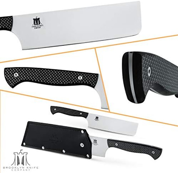 Brooklyn Knife Co. Cleaver Nakiri Butcher Knife - Carbon Fiber Series - Japanese Aus-08 Hc Super Steel -Sheath 7-Inch