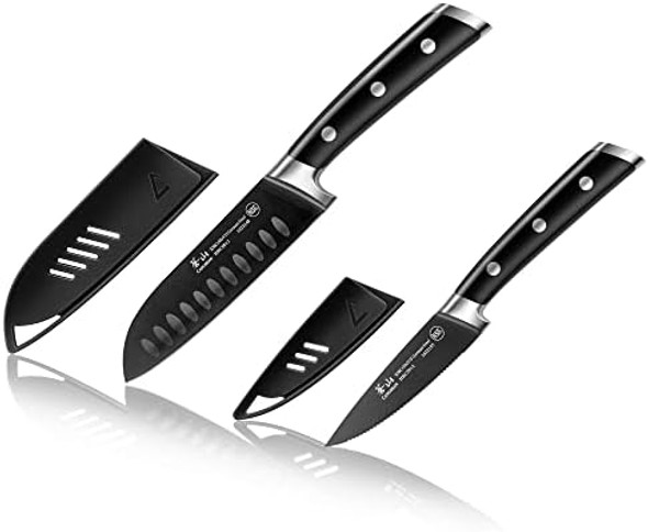 Cangshan S+ Series 1022094 German Steel Forged 2-Piece Titanium Coated Santoku Starter Knife Set With Sheaths Noir Black Cangshan S+ Series 1022094 German Steel Forged 2-Piece Titanium Coated Santoku Starter Knife Set With Sheaths Noir Black