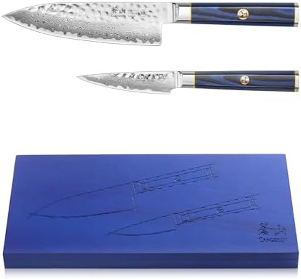 Cangshan Kita Series 2-Piece Starter Knife Set (6" Chef + 3.5" Paring) With Ash Wood Box High Carbon X-7 Damascus Steel 501523 (2Pc)