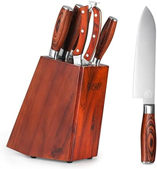 Commercial Chef 6 Piece Kitchen Knife Set Knife Set With Block Kitchen Knives Including Cleaver Santoku Knife Bread Knife Paring Knife & Heavy-Duty Poultry Shears
