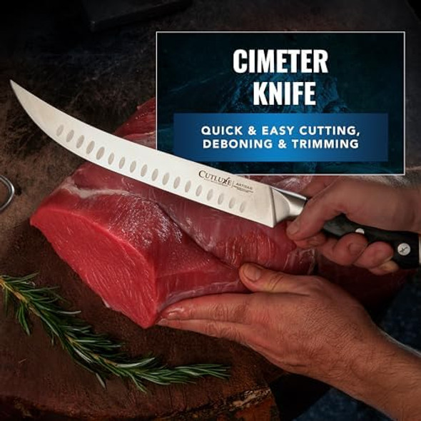Cutluxe Butcher Knife Set – Cimeter Breaking & Bullnose Carving Knives For Meat Cutting – Professional Knife Set Razor Sharp German SteelFull Tang Ergonomic Butcher Knives For Bbq – Artisan Series