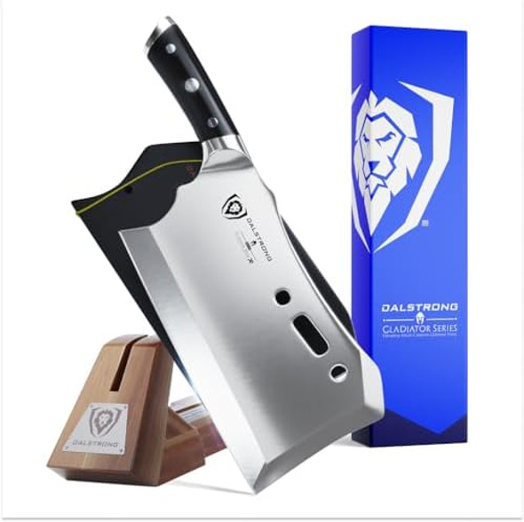 Dalstrong Obliterator Meat & Veggie Cleaver Knife - 9 Inch - Gladiator Series R - Wood Stand & Sheath Cover - Razor Sharp Heavy Duty Bone Chopper- 3Lbs 6Mm Thick - 7Cr17Mov Carbon Steel - G10 Handle Dalstrong Obliterator Meat & Veggie Cleaver Knife - 9 Inch - Gladiator Series R - Wood Stand & Sheath Cover - Razor Sharp Heavy Duty Bone Chopper- 3Lbs 6Mm Thick - 7Cr17Mov Carbon Steel - G10 Handle
