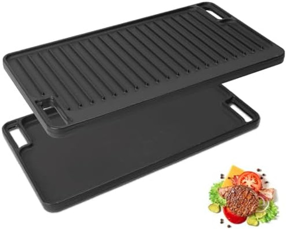 Universal Reversible Griddle Pan For Gas Grill Cast Iron Skillet For Stove Indoor Cooking Versatile Stovetop Oven 16.75" X 9.5" Pre-Seasoned Stove Top For All Outdoor Gas & Charcoal Grill