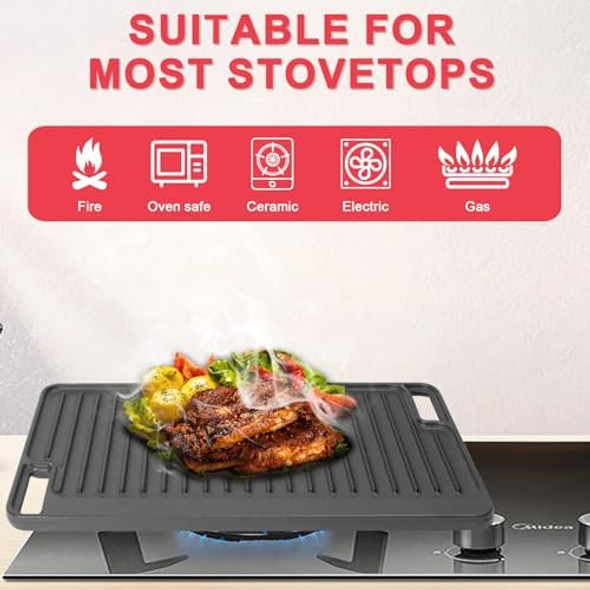 Universal Reversible Griddle Pan For Gas Grill Cast Iron Skillet For Stove Indoor Cooking Versatile Stovetop Oven 16.75" X 9.5" Pre-Seasoned Stove Top For All Outdoor Gas & Charcoal Grill