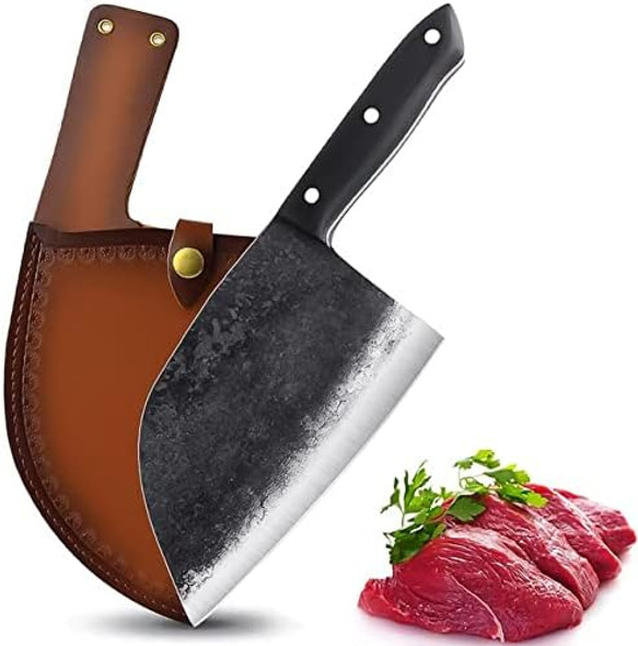 Forging Serbian Chef Knife Kitchen Chef Knives Full Tang High Carbon Clad Steel Almasi Butcher Cleaver With Leather Sheath