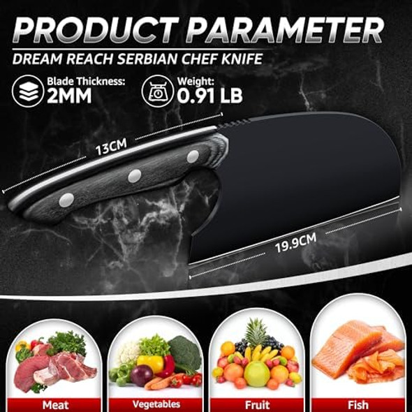 Dream Reach Serbian Chef Knife - Full Tang Butcher Cleaver For Meat Vegetables Hand Forged Black Chopping Knife For Kitchen Birthday Mother Father Idea Dream Reach Serbian Chef Knife - Full Tang Butcher Cleaver For Meat Vegetables Hand Forged Black Chopping Knife For Kitchen Birthday Mother Father Idea