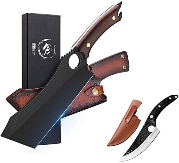 Meat Cleaver 10 Inch Black Meat Cleaver Boning Knife Chef Chopping Butcher Cooking Knife High Carbon Steel Sharp Kitchen Viking Knife With Sheath Box Bottle Opener For Outdoor Bbq Camping