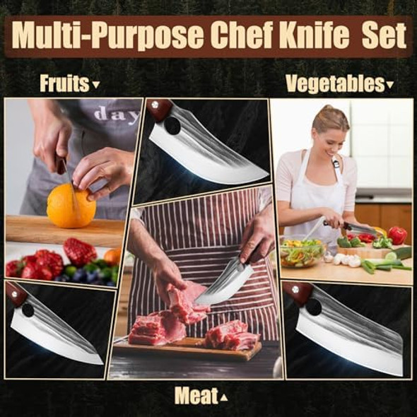 Kitchen Knife Set Hand Forged Chef Knife Set With Full Tang Wood Handle High Carbon Steel Butcher Knife Set For Meat Cutting Cleaver Knife Set For Vegetables Camping Bbq Ideal s
