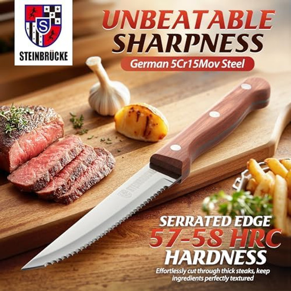 Elemake Steak Knife Set - Steak Knife With Wooden Handle Knives Set For Kitchen Serrated Steak Knives Set Of 8 Classic Full Tang Design 5Cr15Mov Stainless Steel Blade