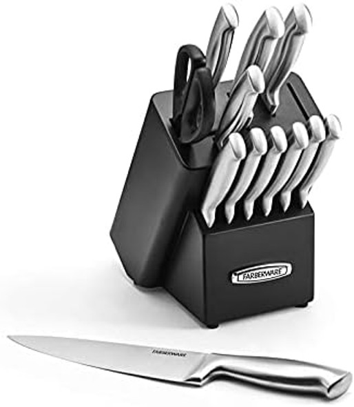 Farberware Self-Sharpening 13-Piece Knife Block Set With Edgekeeper Technology High Carbon-Stainless Steel Kitchen Knives Razor-Sharp Knife Set With Wood Block Black