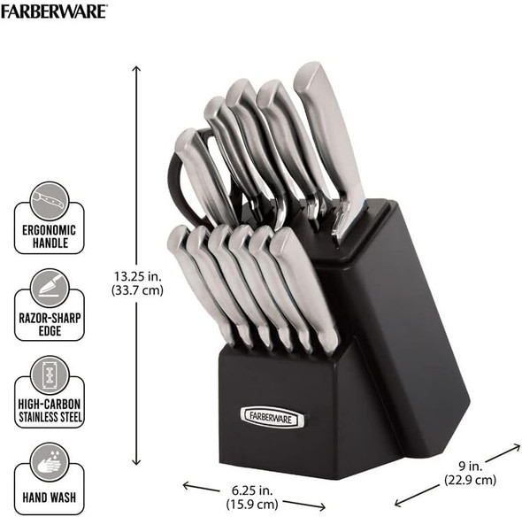 Farberware Self-Sharpening 13-Piece Knife Block Set With Edgekeeper Technology High Carbon-Stainless Steel Kitchen Knives Razor-Sharp Knife Set With Wood Block Black