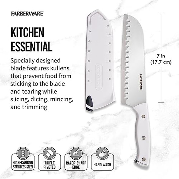 Farberware Edgekeeper Triple Riveted Santoku Knife With Self-Sharpening Blade Cover High Carbon-Stainless Steel Kitchen Knife With Ergonomic Handle Razor-Sharp Knife 5 Inch White