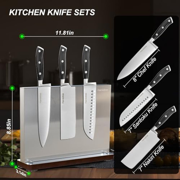 Kitchen Knife Set With Magnetic Knife Holderdouble-Sided Mangetic Knife Block With Knives 3 Pieces High Carbon Stainless Steel Knife Setprofesstional Kitchen Chef Knives Set With Block
