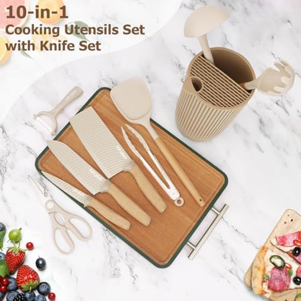 Kitchen Knife Set Knife Sets With Block And 4 Pcs Kitchen Utensils Set 10-In-1 Cooking Utensils Set With Knife Set And Utensils Holder Silicone Spatula Set For Kitchen (Khaki)