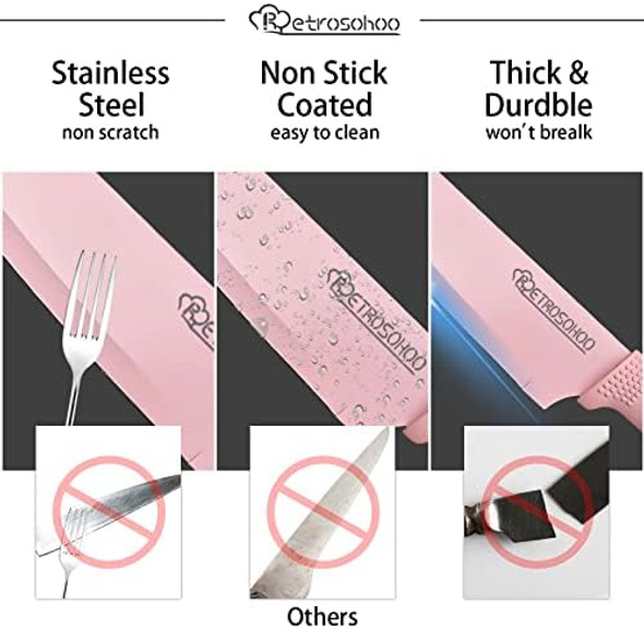 Kitchen Knife Set 6 Pieces Pink Stainless Steel Sharp Cooking Knife Set With Acrylic Stand Non-Stick Coating Pink Flower Block Knife Set With Box For Women Girls (Pink)