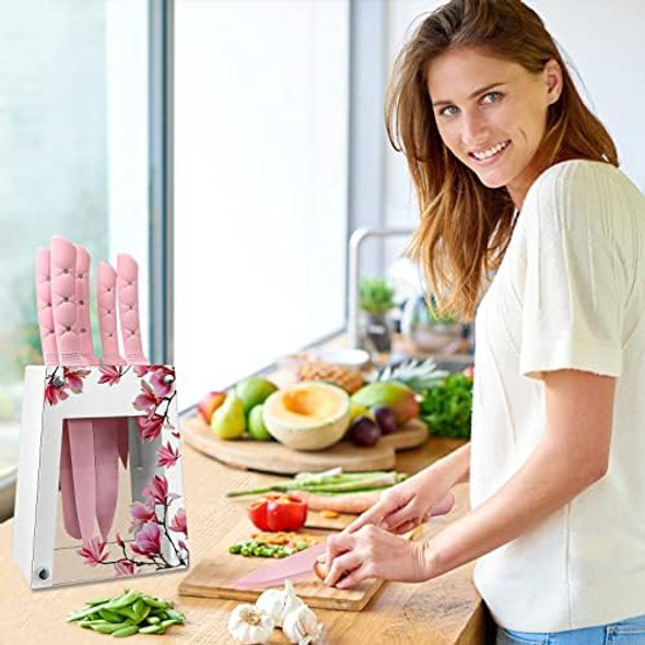 Kitchen Knife Set 6 Pieces Pink Stainless Steel Sharp Cooking Knife Set With Acrylic Stand Non-Stick Coating Pink Flower Block Knife Set With Box For Women Girls (Pink)