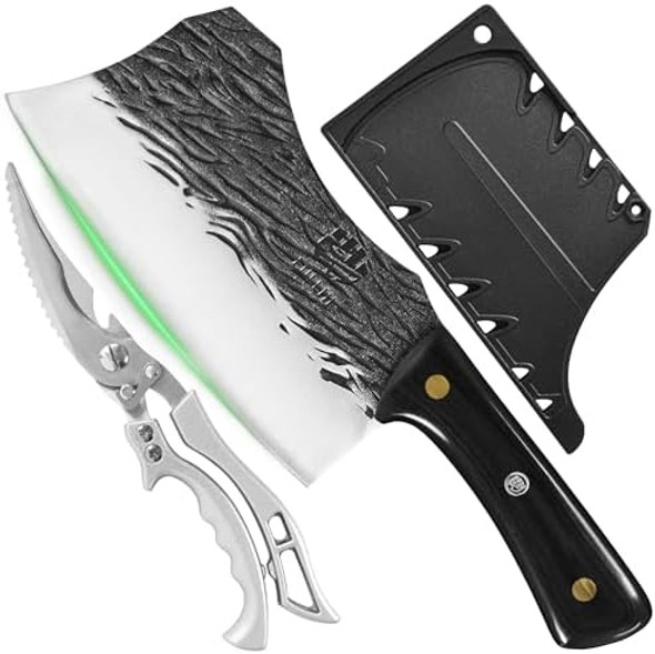Fullhi Butcher Knife Hand Forged Heavy Meat Cleaver Bbq Chef Knife With Sheaths With Kitchen Shears