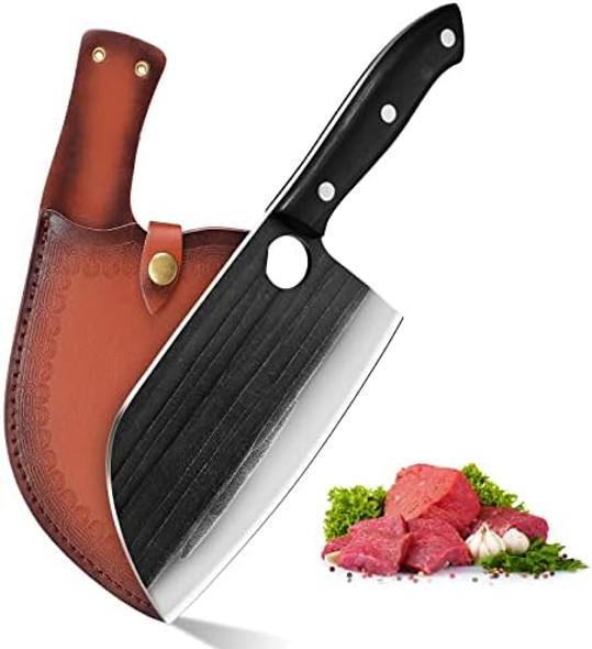 7 Inch Hand Forged Serbian Chef Knife Full Tang Butcher Knife Meat Cleaver Chopper Knife Professional Kitchen Knife With Box Leather Sheath For Outdoor Camping Bbq Hunting Fishing