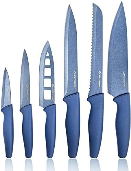 Nutriblade Knife Set With Block By Granitestone 6-Piece Professional Kitchen Chef’S Knives Ultra Sharp Stainless Steel Blades And Nonstick Granite Coating Easy-Grip And Dishwasher-Safe (Blue)