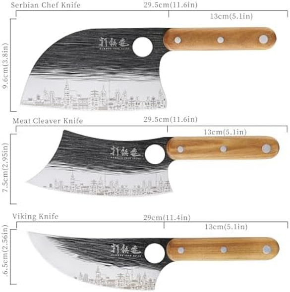 3Pcs Butcher Knife Set 7" Butcher Meat Cleaver 7" Serbian Chef Knife And 6.5" Viking Knife Hand Forged Butcher Knife With Wooden Handle Ideal For Home Camping Bbq (Unique Pattern)