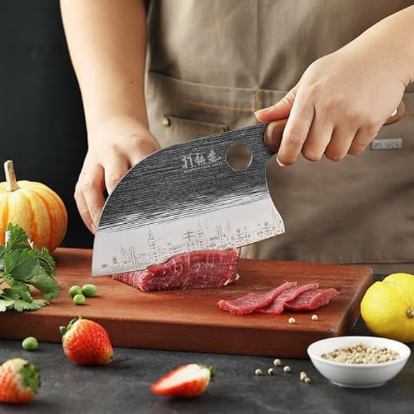 3Pcs Butcher Knife Set 7" Butcher Meat Cleaver 7" Serbian Chef Knife And 6.5" Viking Knife Hand Forged Butcher Knife With Wooden Handle Ideal For Home Camping Bbq (Unique Pattern)