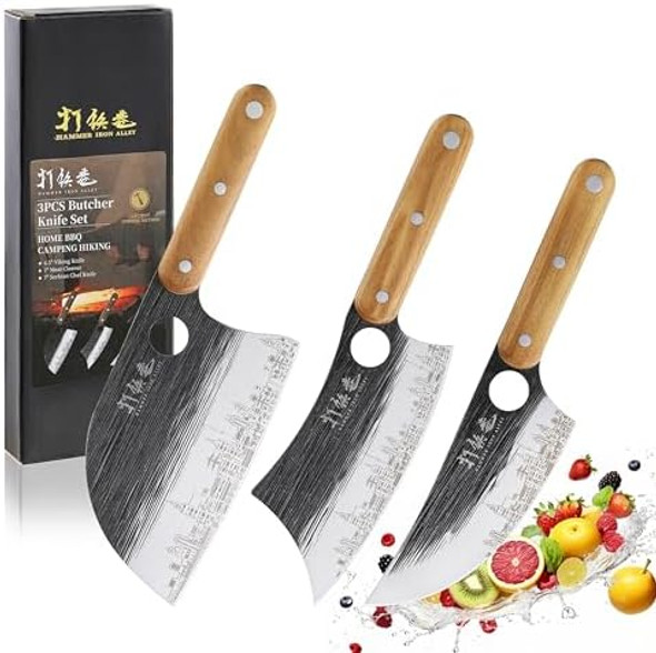 3Pcs Butcher Knife Set 7" Butcher Meat Cleaver 7" Serbian Chef Knife And 6.5" Viking Knife Hand Forged Butcher Knife With Wooden Handle Ideal For Home Camping Bbq (Unique Pattern)