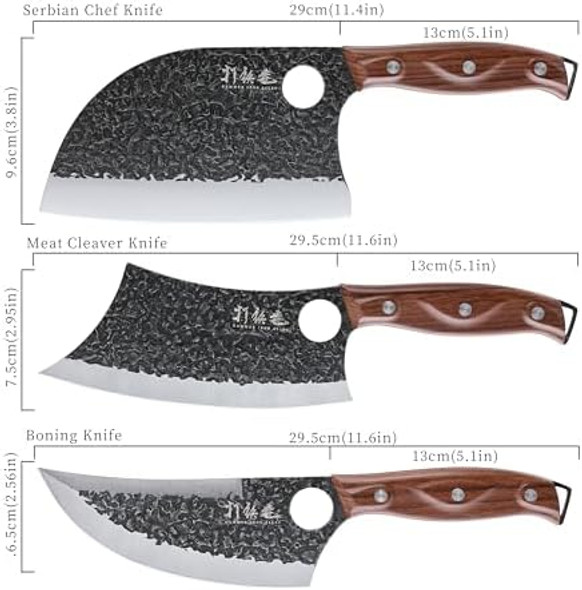 3Pcs Butcher Knife Set 7" Butcher Meat Cleaver 7" Serbian Chef Knife And 6.5" Viking Knife Hand Forged Kitchen Knife Set With Plastic Handle Geat For Home Camping Bbq (Unique Finger Hole Design)